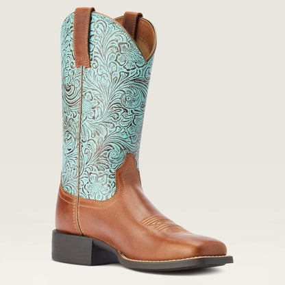  Ariat Women's Round Up Brown/Turquoise Square Toe Boots