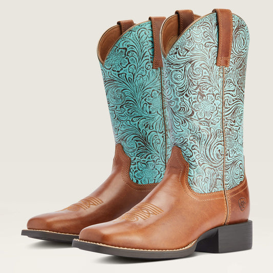  Ariat Women's Round Up Brown/Turquoise Square Toe Boots