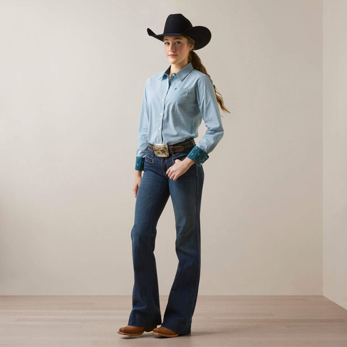  Ariat Women's Wrinkle Resist Teal Striped Shirt