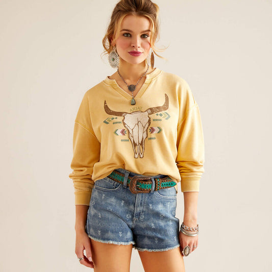  Ariat Women's Yellow Skull V-Neck Sweatshirt