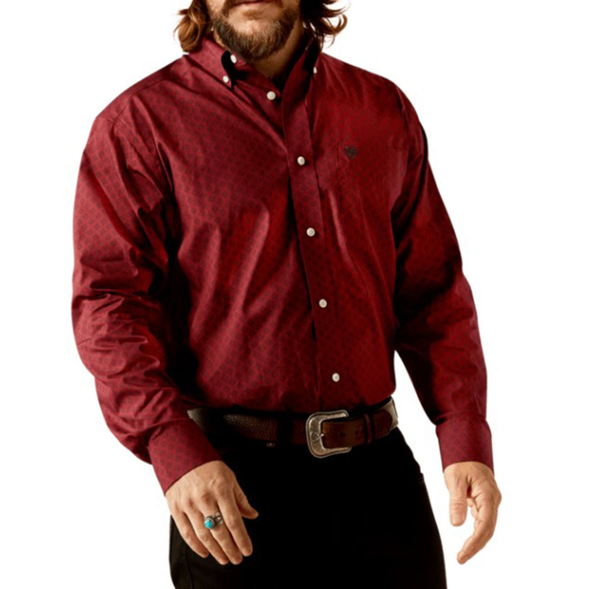  Ariat Men's Issac Dark Red Geo Print Long Sleeve