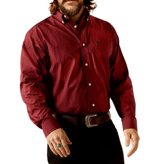  Ariat Men's Issac Dark Red Geo Print Long Sleeve