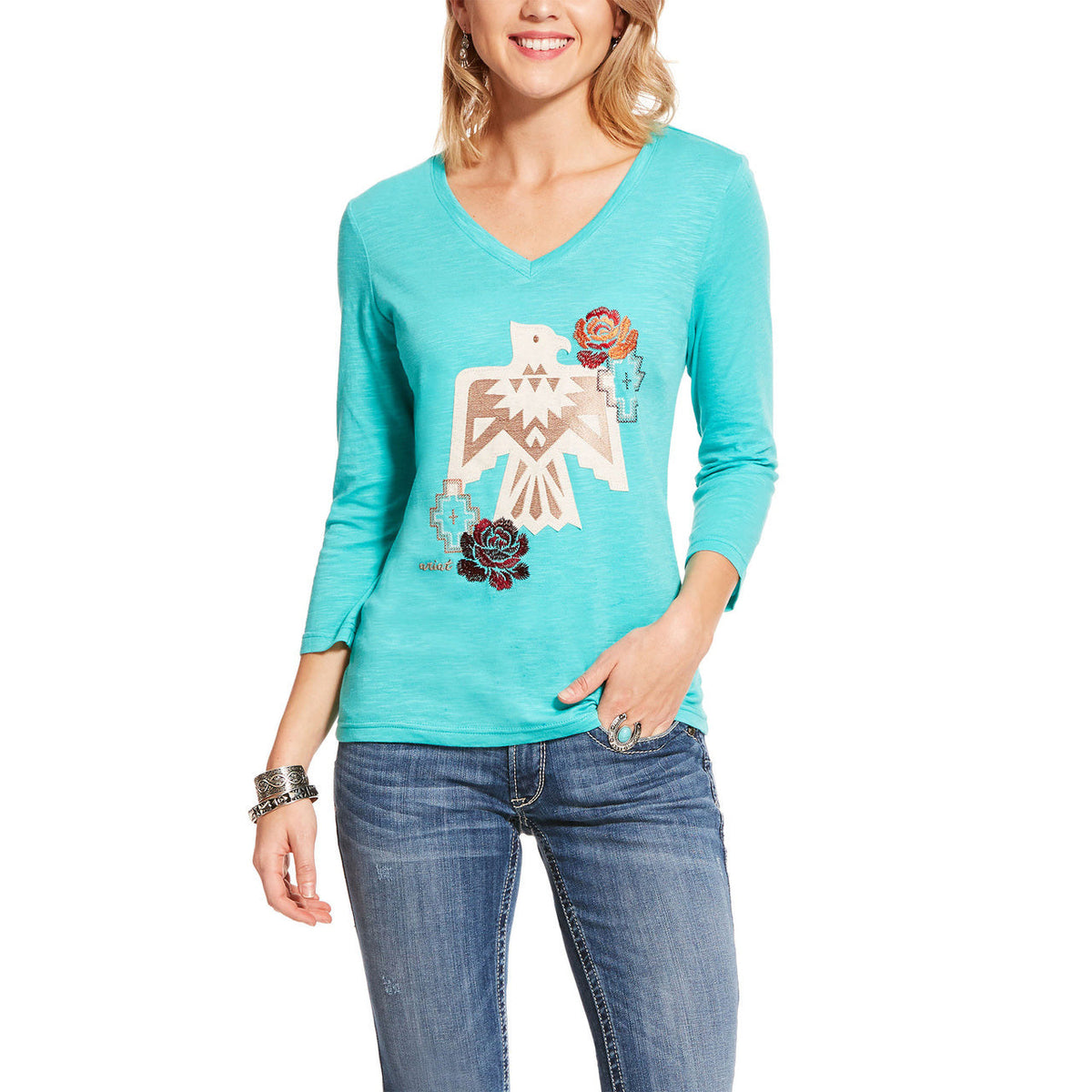  Ariat Women's Turquoise Thunderbird Rose Long Sleeve Tee