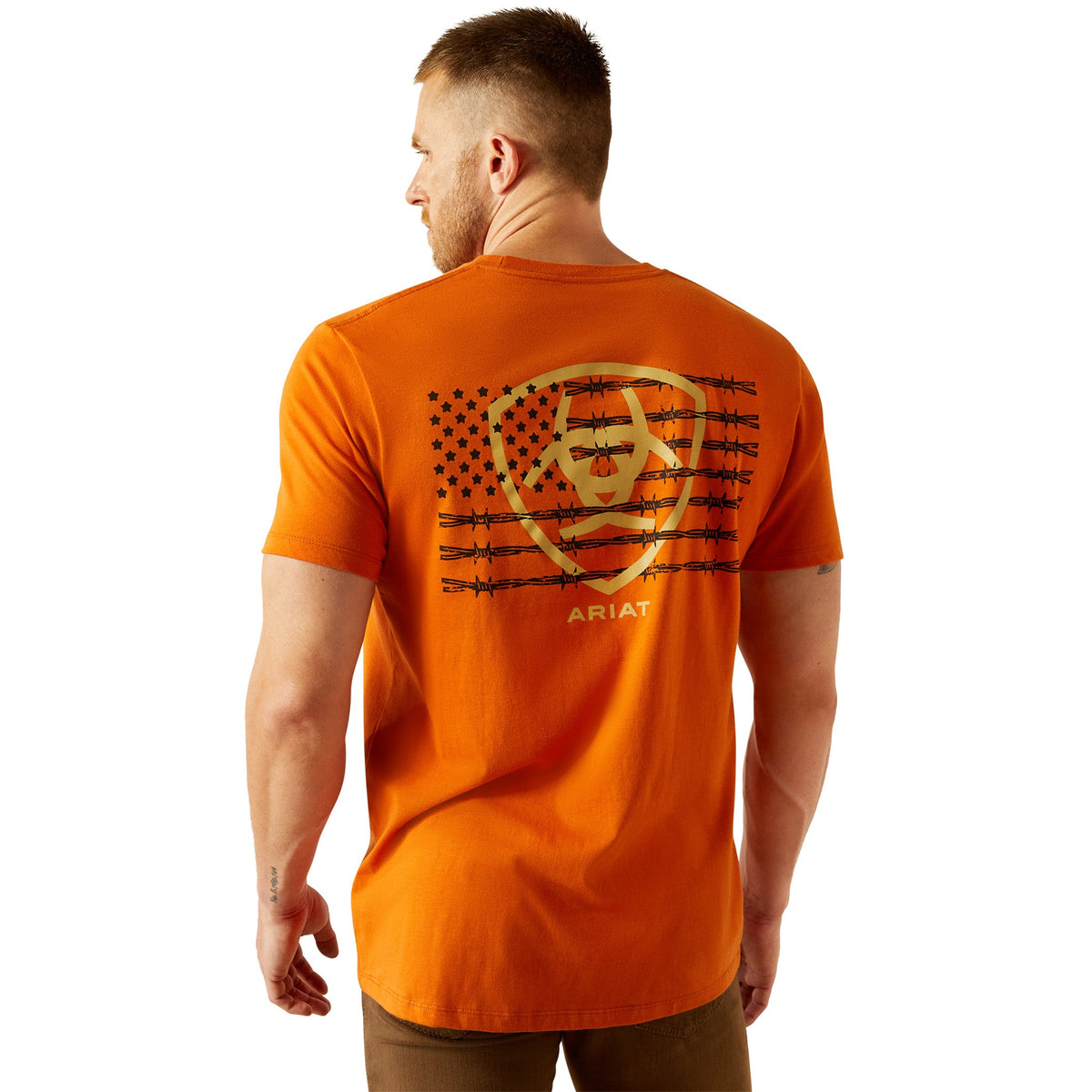  Ariat Men's Rust Orange Barbwire Flag & Shield Tee